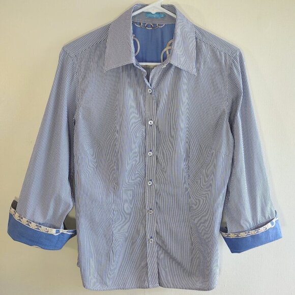 J. McLaughlin Tops - J. McLaughlin Whitney Blouse Blue Stripe 3/4 Sleeve Button Up Classic  Size 6